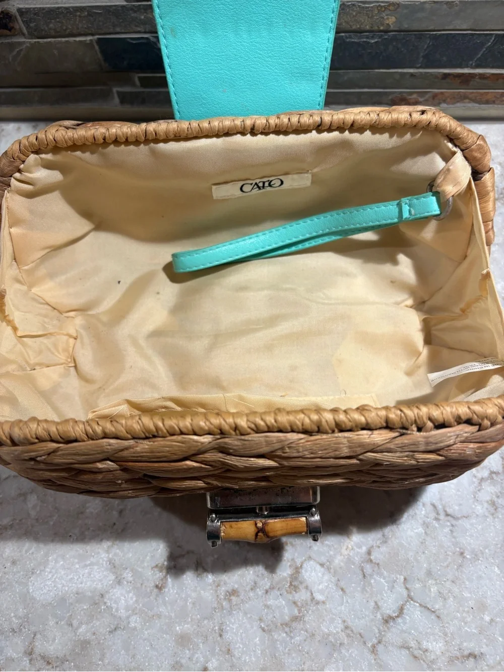 Woven Straw Wristlet with Mint Leather Trim
